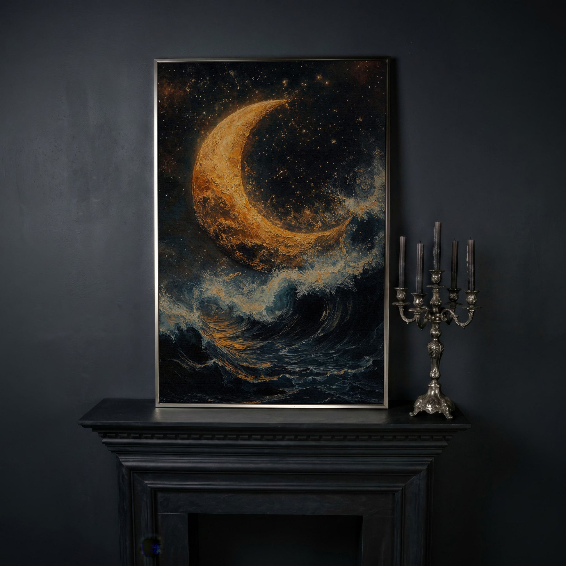 Crescent Moon Over Stormy Sea Canvas Wall Art in silver floating frame
