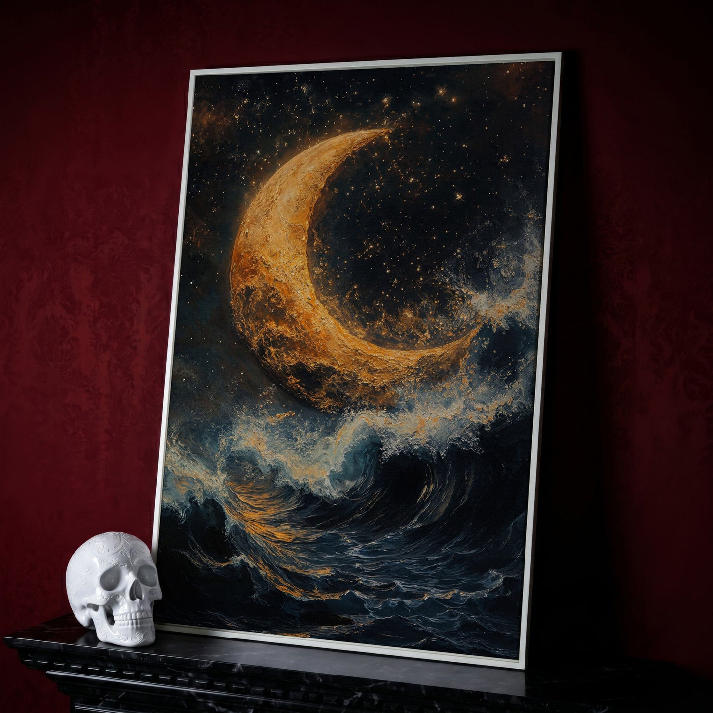 Crescent Moon Over Stormy Sea Canvas Wall Art in white floating frame