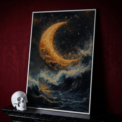 Crescent Moon Over Stormy Sea Canvas Wall Art in white floating frame