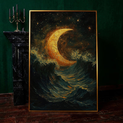 Crescent Moon Over Stormy Ocean Night Sky Canvas Art in antique gold floating frame