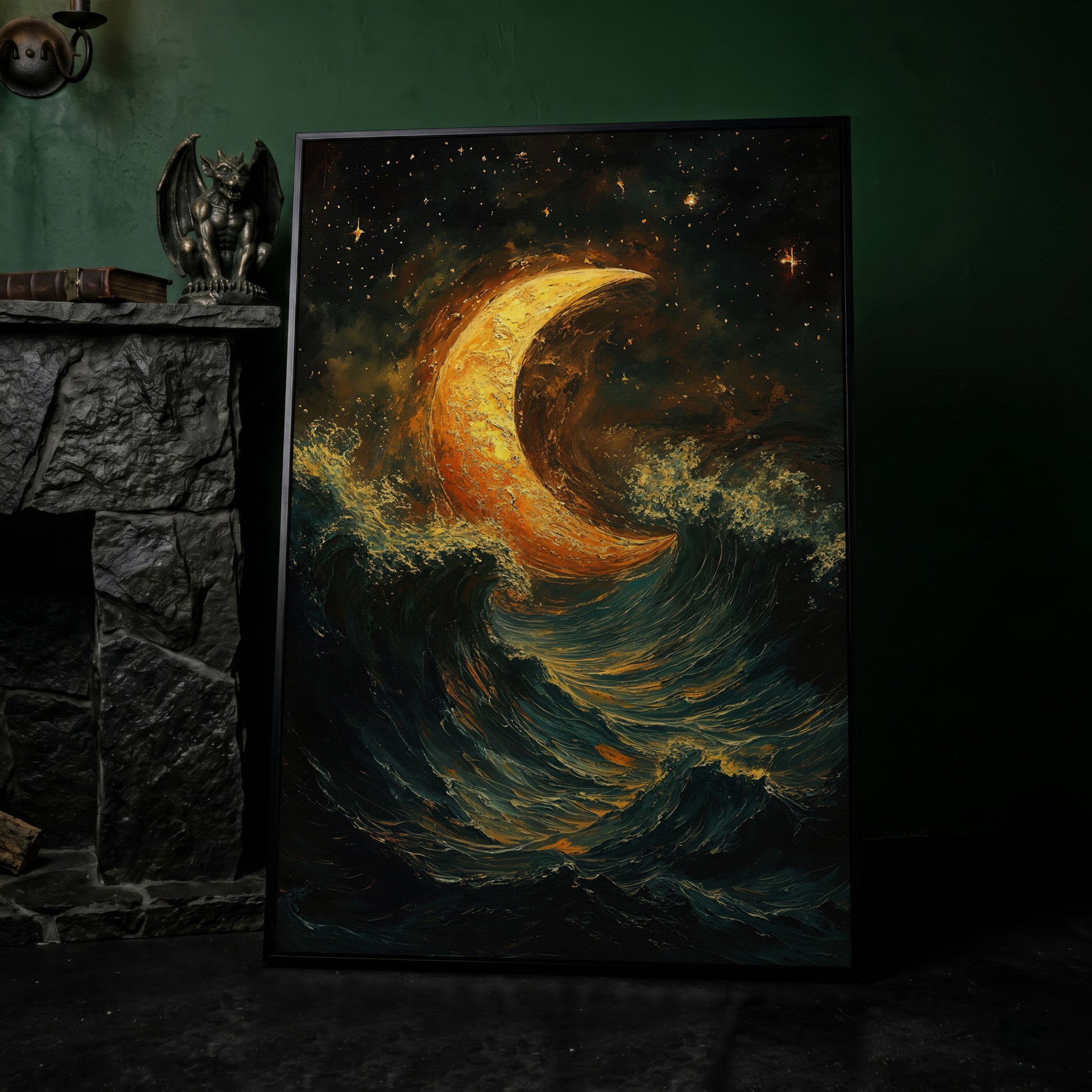Crescent Moon Over Stormy Ocean Night Sky Canvas Art in black floating frame