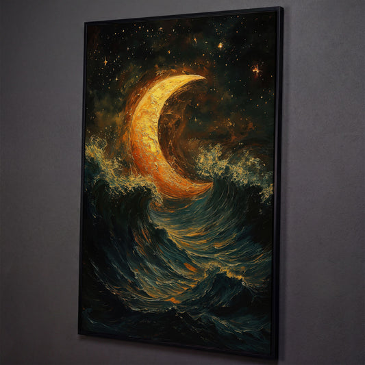 Crescent Moon Over Stormy Ocean Night Sky Canvas Art shown in black floating frame