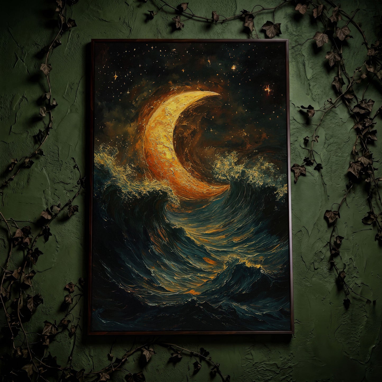 Crescent Moon Over Stormy Ocean Night Sky Canvas Art in dark walnut floating frame