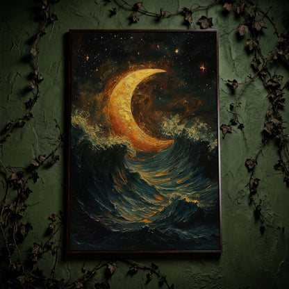 Crescent Moon Over Stormy Ocean Night Sky Canvas Art in dark walnut floating frame