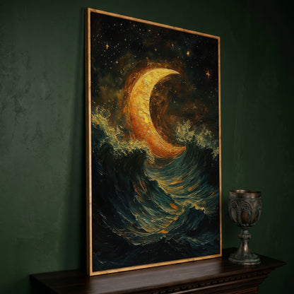 Crescent Moon Over Stormy Ocean Night Sky Canvas Art in white oak floating frame