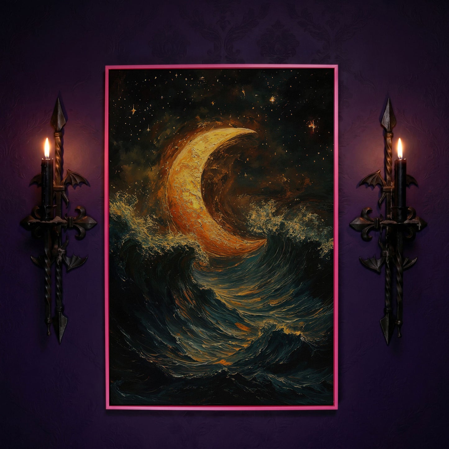 Crescent Moon Over Stormy Ocean Night Sky Canvas Art in pink floating frame