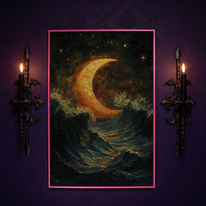 Crescent Moon Over Stormy Ocean Night Sky Canvas Art in pink floating frame