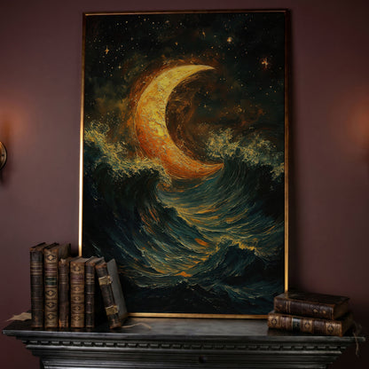 Crescent Moon Over Stormy Ocean Night Sky Canvas Art in rose gold floating frame