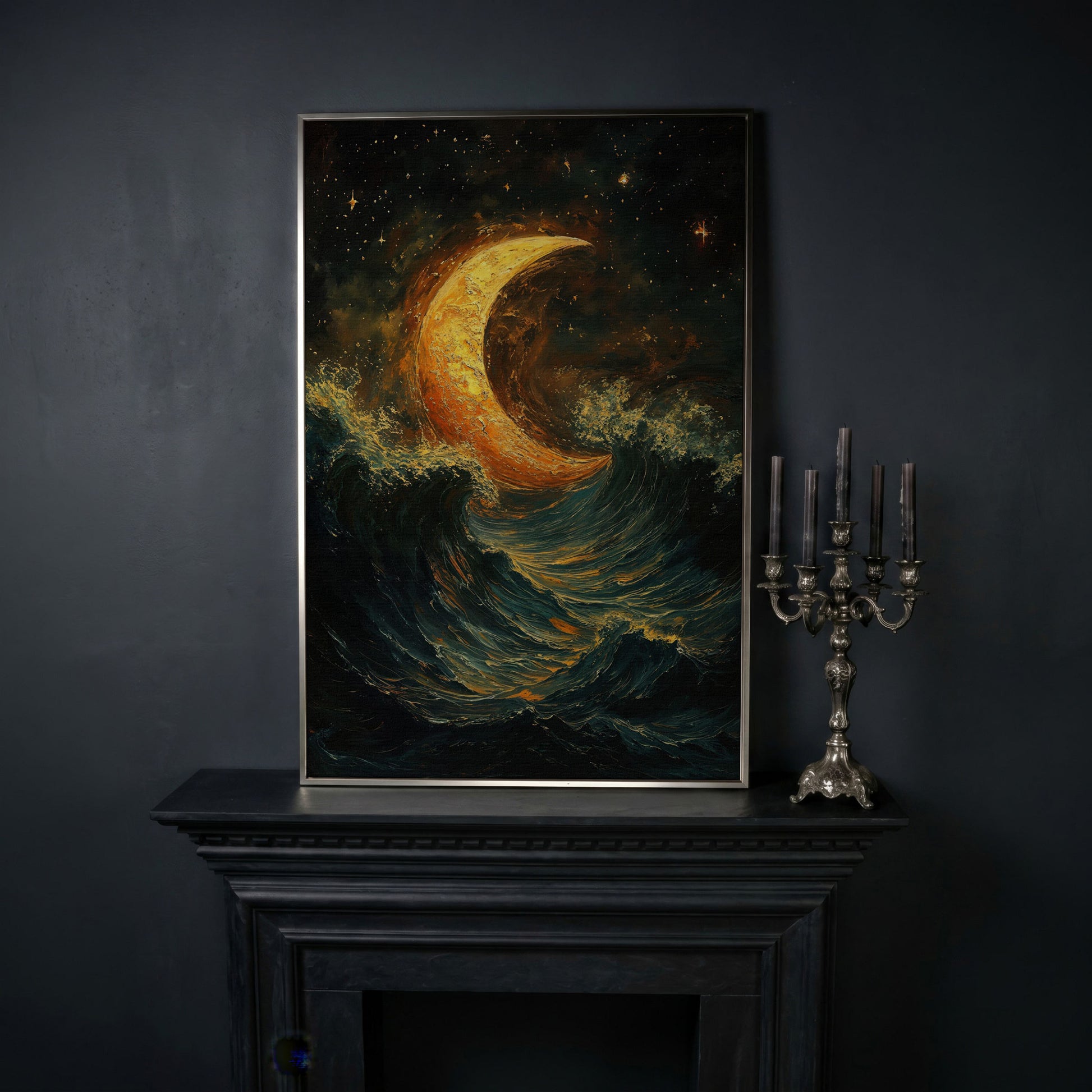 Crescent Moon Over Stormy Ocean Night Sky Canvas Art in silver floating frame