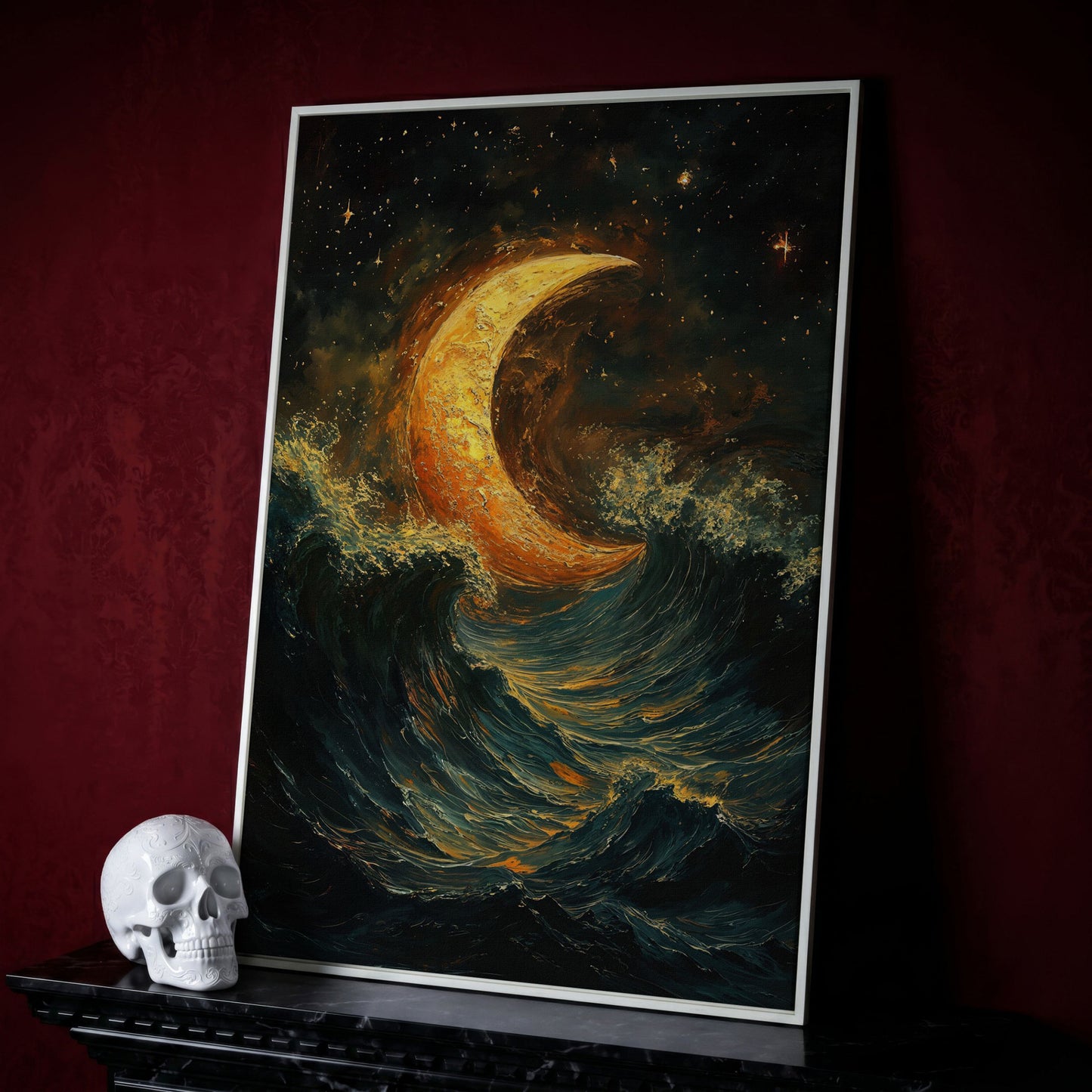 Crescent Moon Over Stormy Ocean Night Sky Canvas Art in white floating frame
