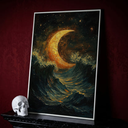Crescent Moon Over Stormy Ocean Night Sky Canvas Art in white floating frame