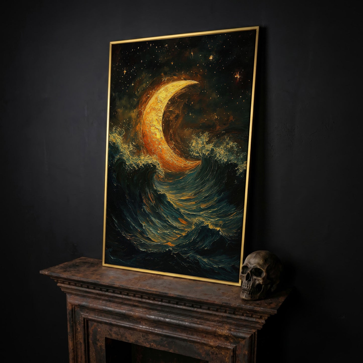 Crescent Moon Over Stormy Ocean Night Sky Canvas Art in yellow gold floating frame