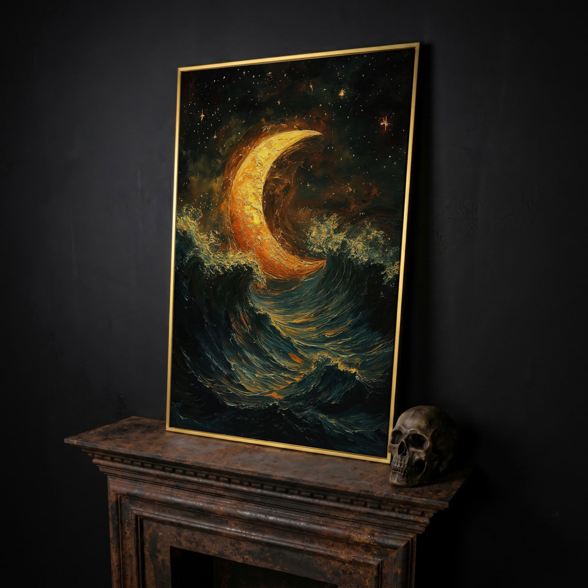 Crescent Moon Over Stormy Ocean Night Sky Canvas Art in yellow gold floating frame