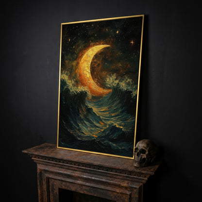 Crescent Moon Over Stormy Ocean Night Sky Canvas Art in yellow gold floating frame