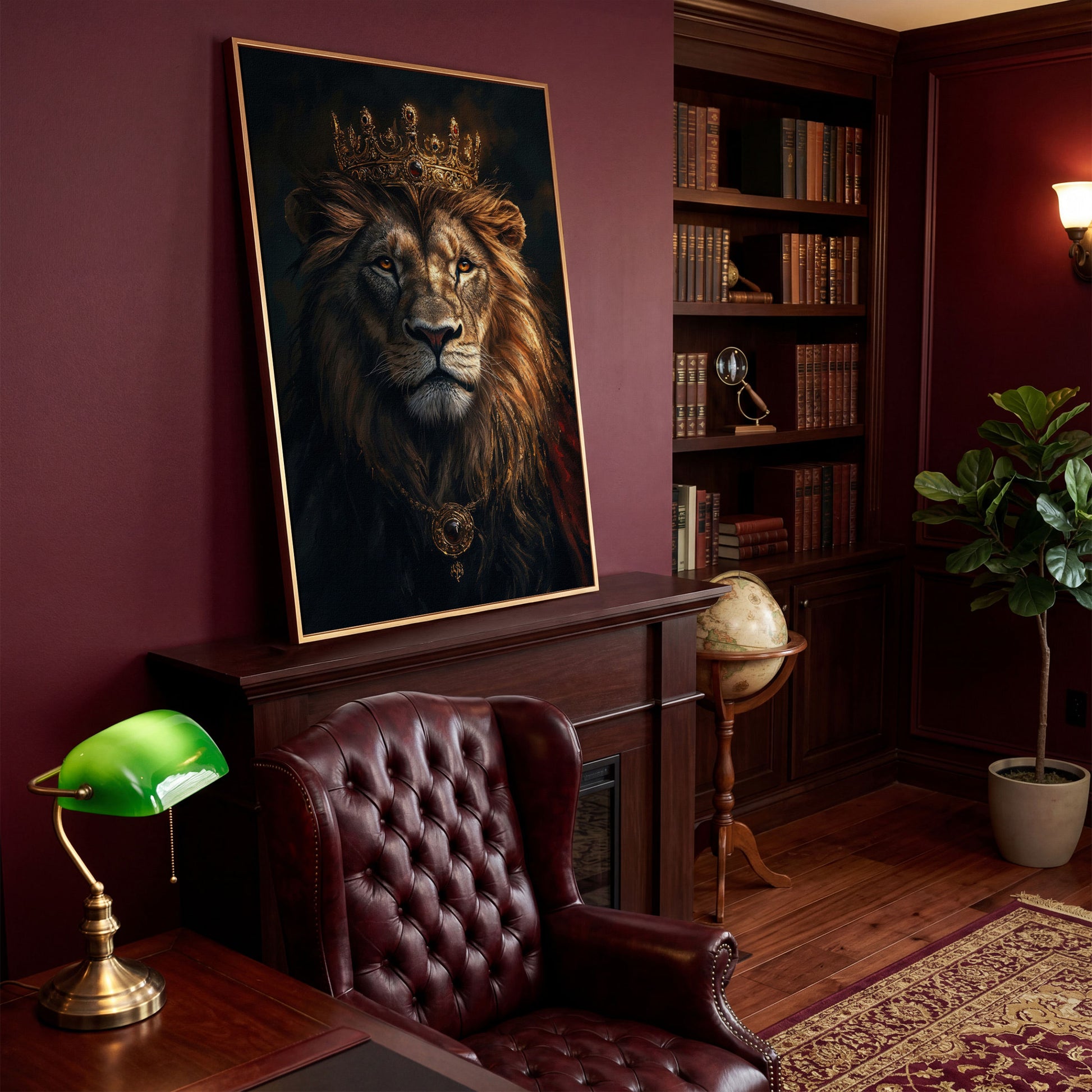 Lion with Crown Portrait Canvas in antique gold floating frame