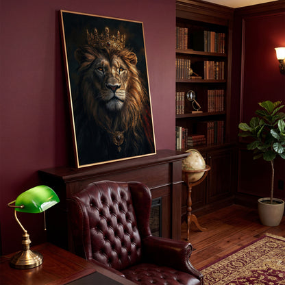 Lion with Crown Portrait Canvas in antique gold floating frame