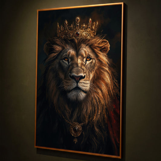 Lion with Crown Portrait Canvas shown in antique gold floating frame