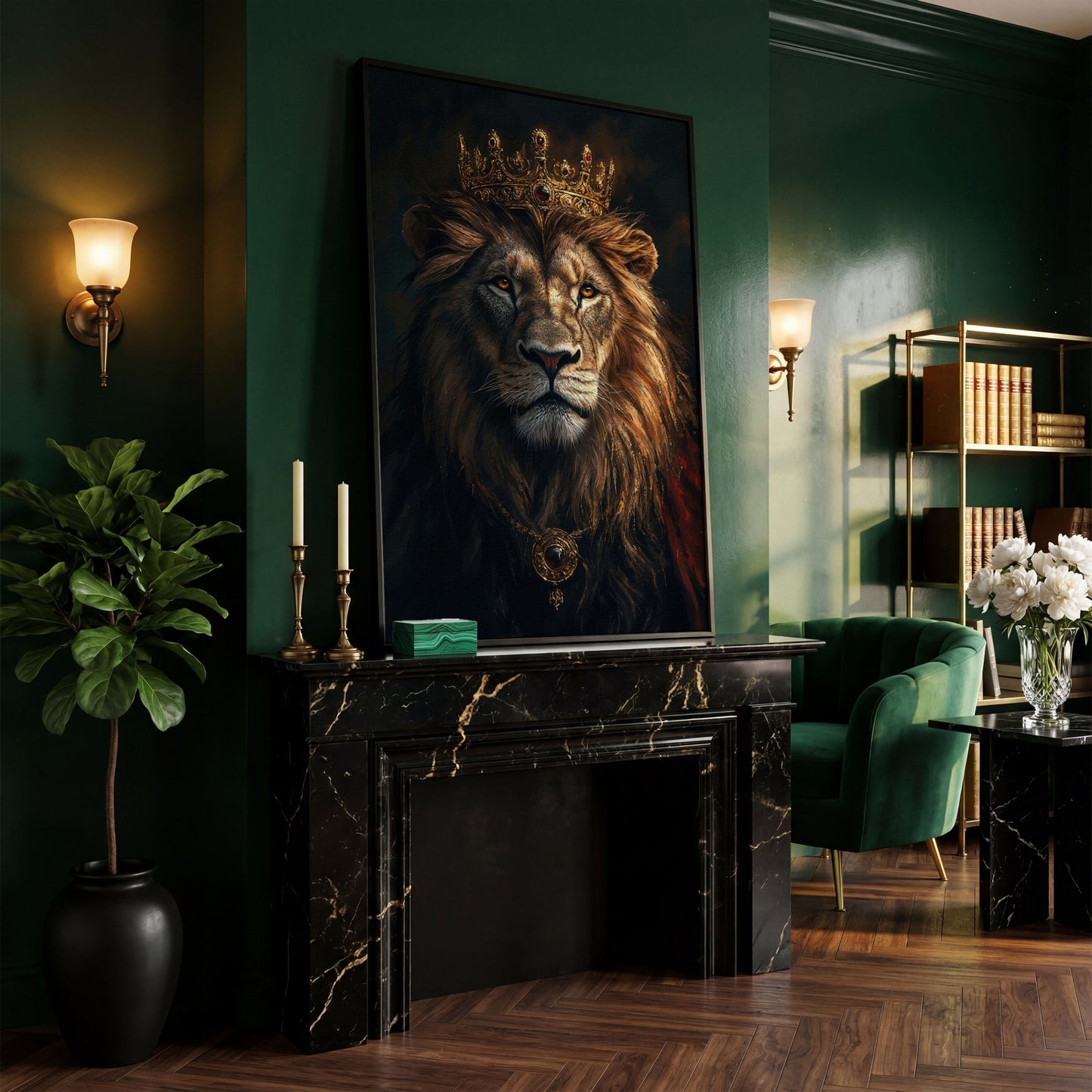 Lion with Crown Portrait Canvas in black floating frame