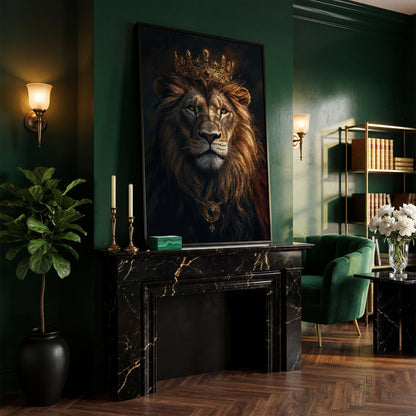 Lion with Crown Portrait Canvas in black floating frame