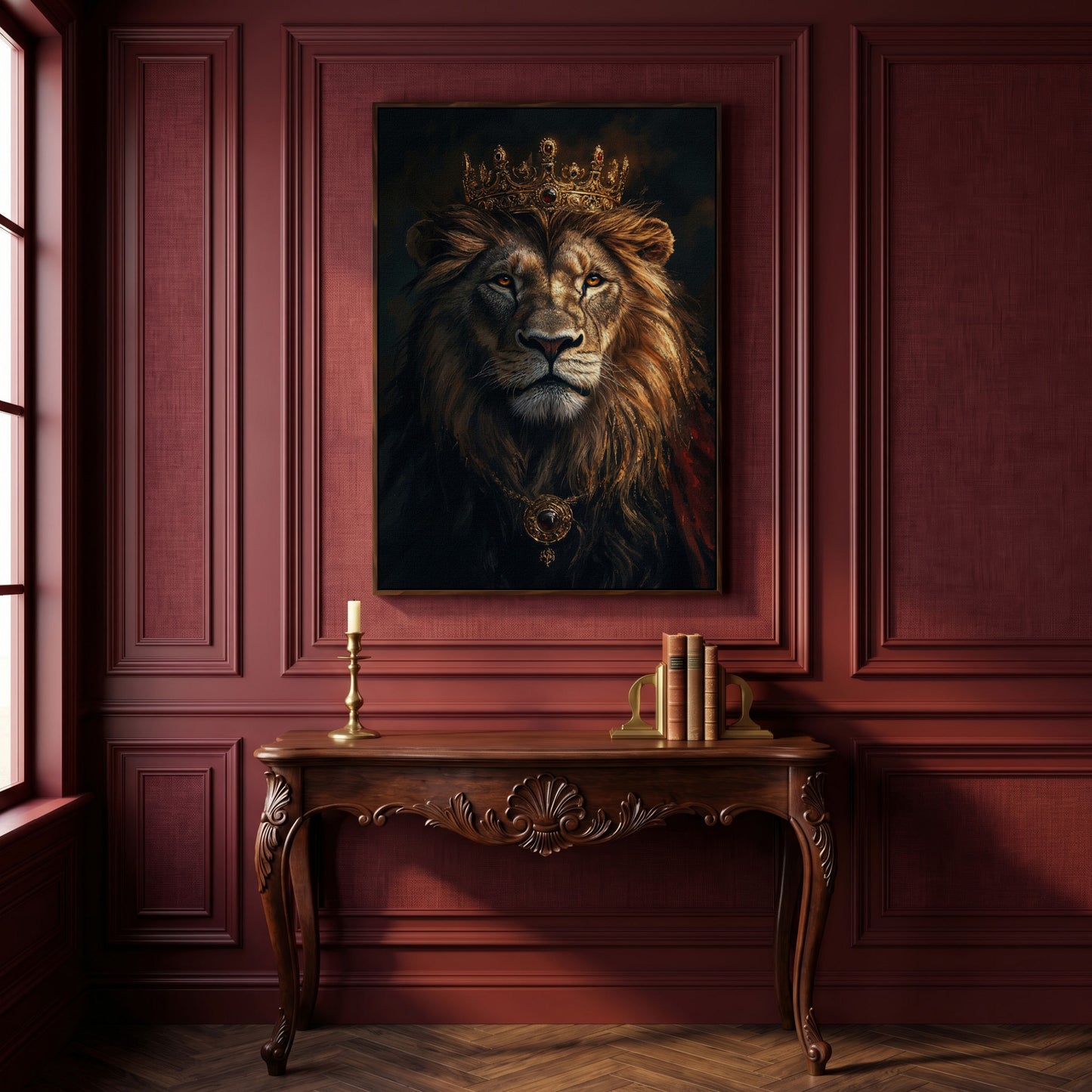 Lion with Crown Portrait Canvas in dark walnut floating frame