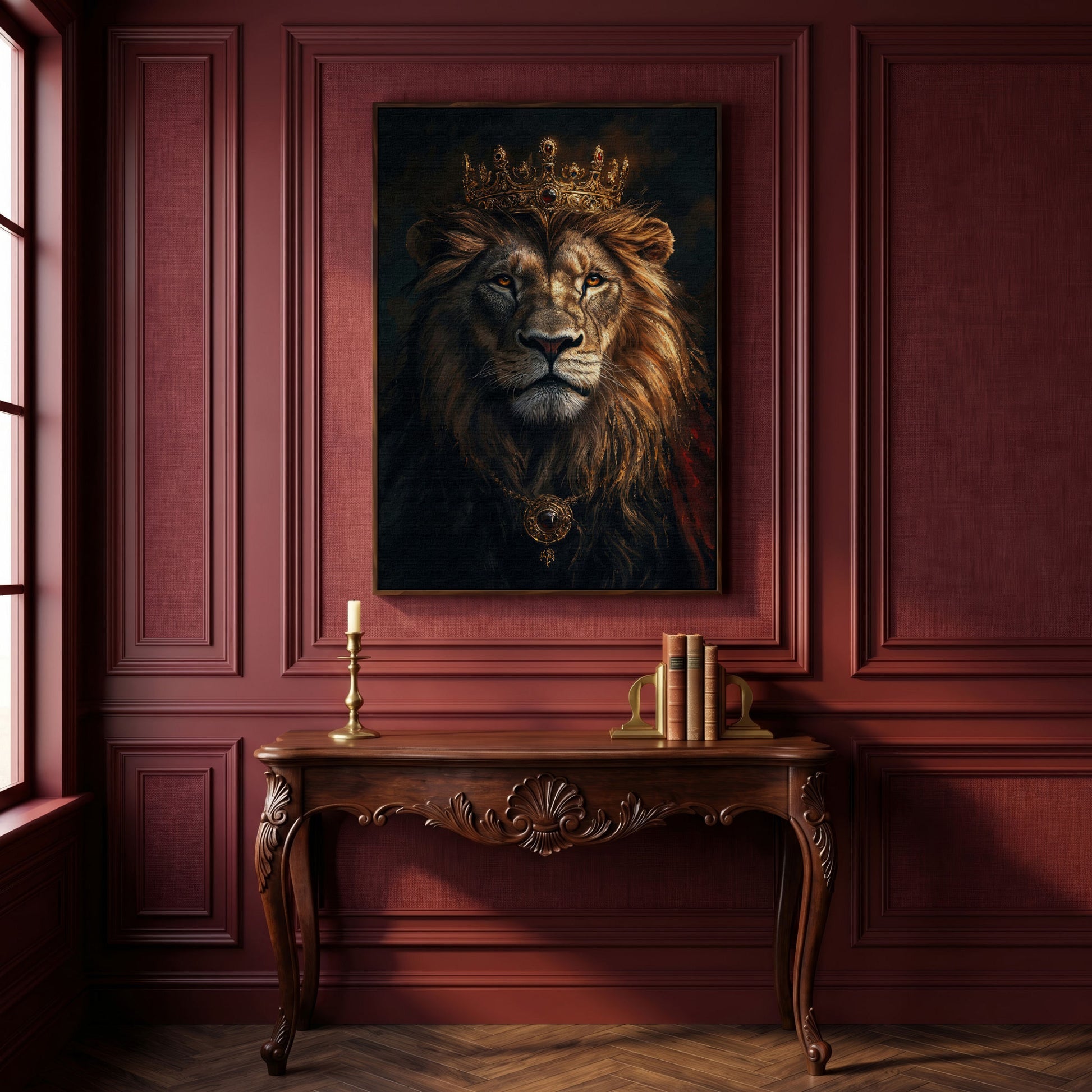 Lion with Crown Portrait Canvas in dark walnut floating frame