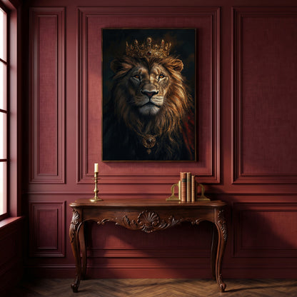 Lion with Crown Portrait Canvas in dark walnut floating frame