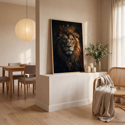 Lion with Crown Portrait Canvas in white oak floating frame