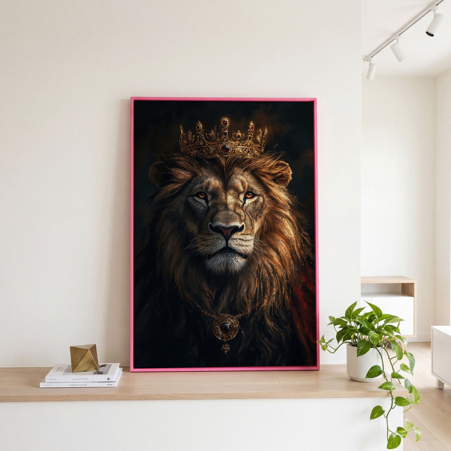 Lion with Crown Portrait Canvas in pink floating frame