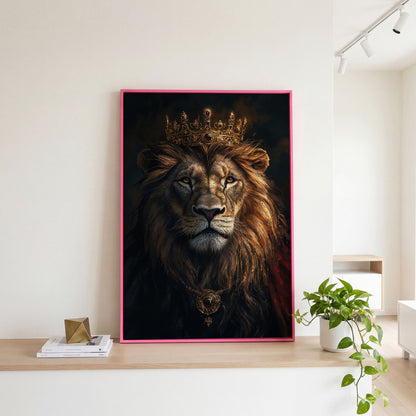 Lion with Crown Portrait Canvas in pink floating frame