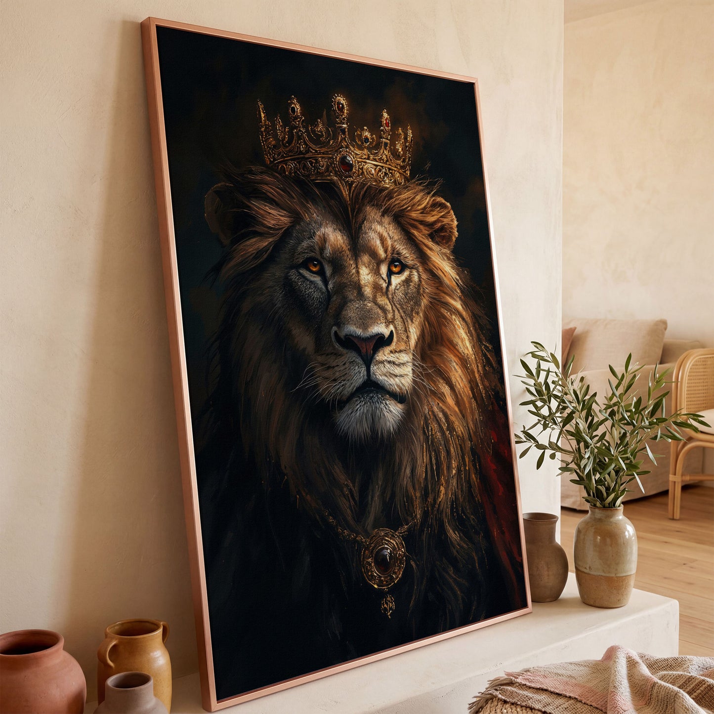 Lion with Crown Portrait Canvas in rose gold floating frame