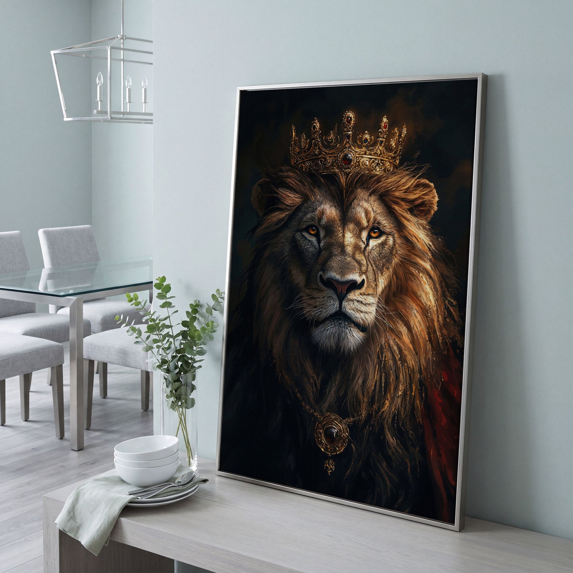 Lion with Crown Portrait Canvas in silver floating frame