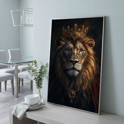 Lion with Crown Portrait Canvas in silver floating frame