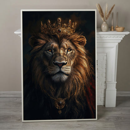 Lion with Crown Portrait Canvas in white floating frame