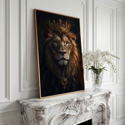 Lion with Crown Portrait Canvas in yellow gold floating frame