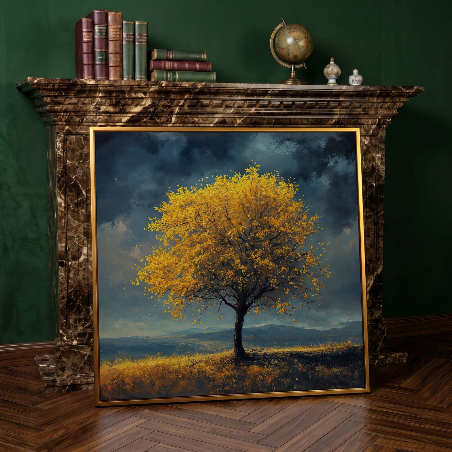Autumn Tree Against Dark Sky Canvas in antique gold floating frame