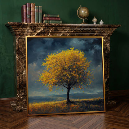 Autumn Tree Against Dark Sky Canvas in antique gold floating frame