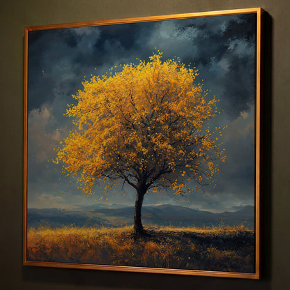 Autumn Tree Against Dark Sky Canvas shown in antique gold floating frame