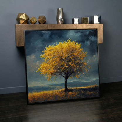 Autumn Tree Against Dark Sky Canvas in black floating frame