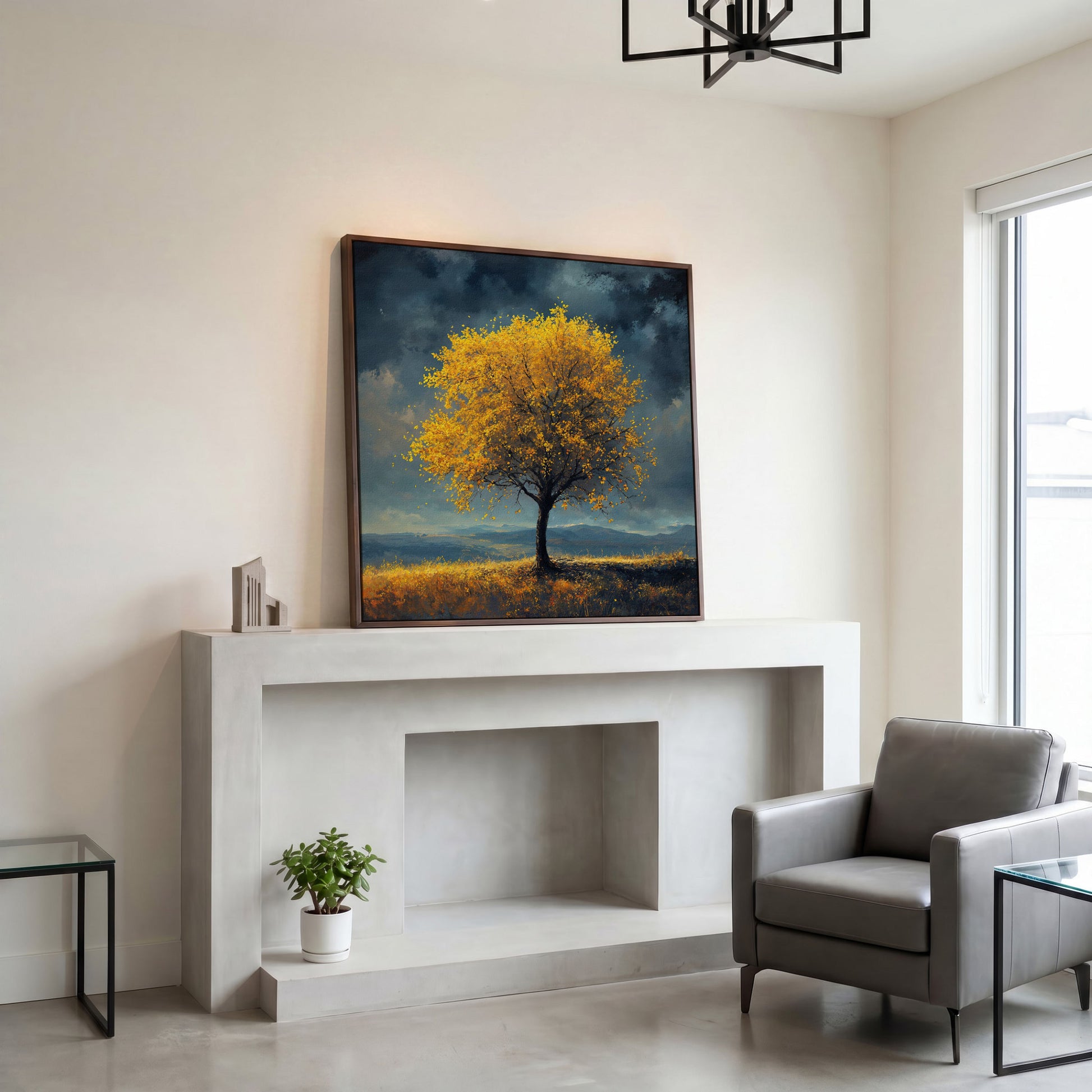 Autumn Tree Against Dark Sky Canvas in dark walnut floating frame