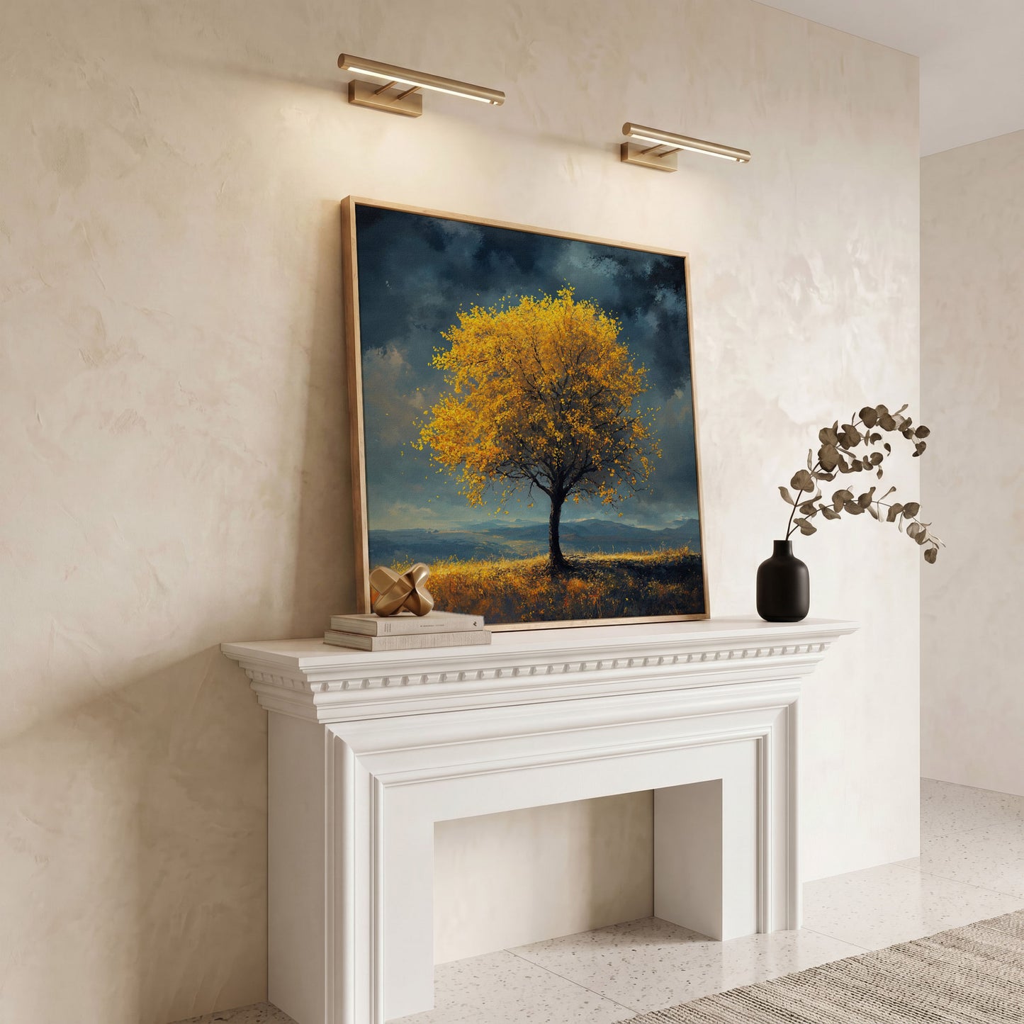Autumn Tree Against Dark Sky Canvas in white oak floating frame