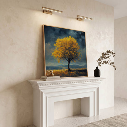 Autumn Tree Against Dark Sky Canvas in white oak floating frame