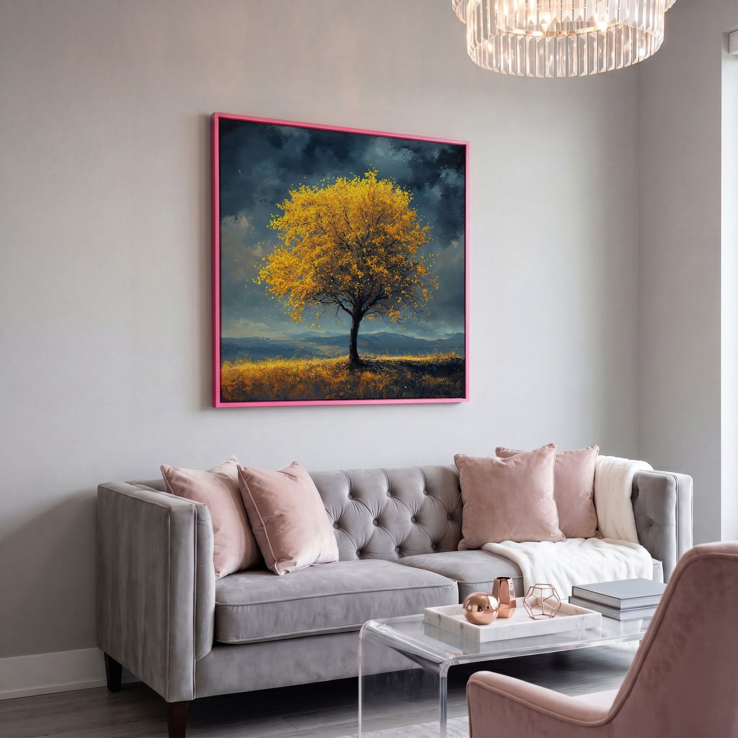 Autumn Tree Against Dark Sky Canvas in pink floating frame