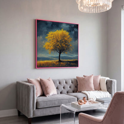 Autumn Tree Against Dark Sky Canvas in pink floating frame