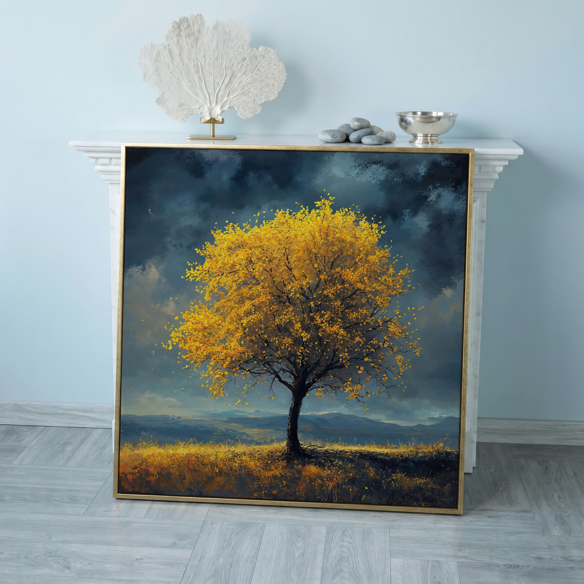 Autumn Tree Against Dark Sky Canvas in rose gold floating frame