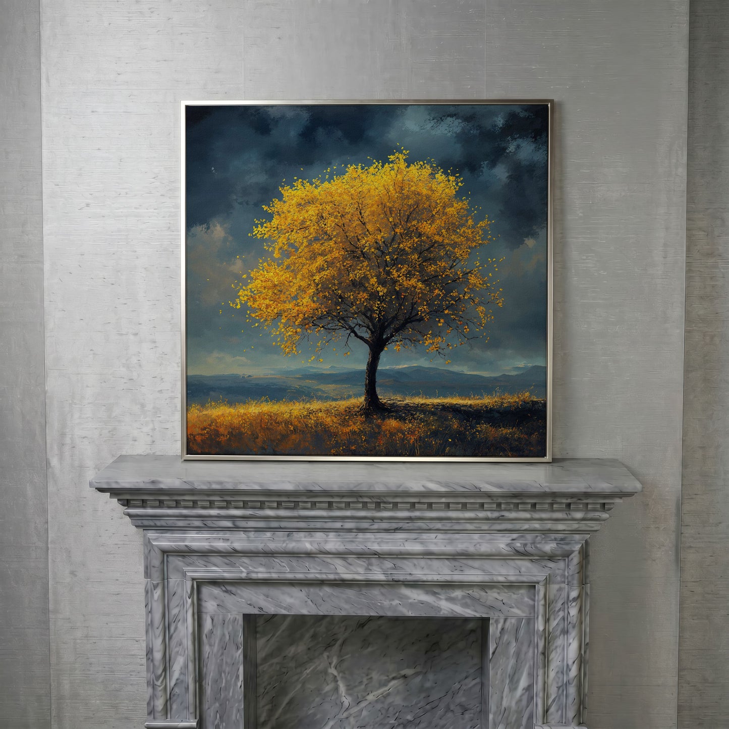 Autumn Tree Against Dark Sky Canvas in silver floating frame