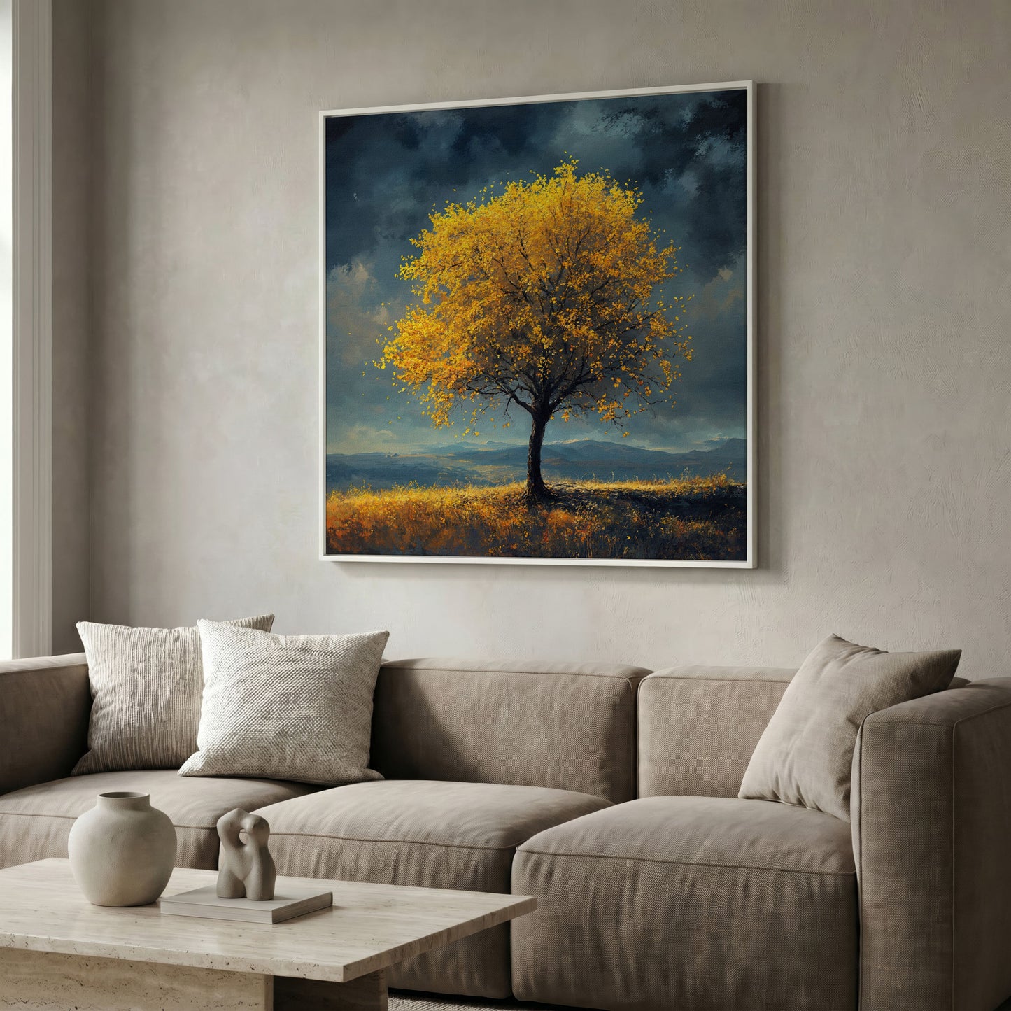 Autumn Tree Against Dark Sky Canvas in white floating frame