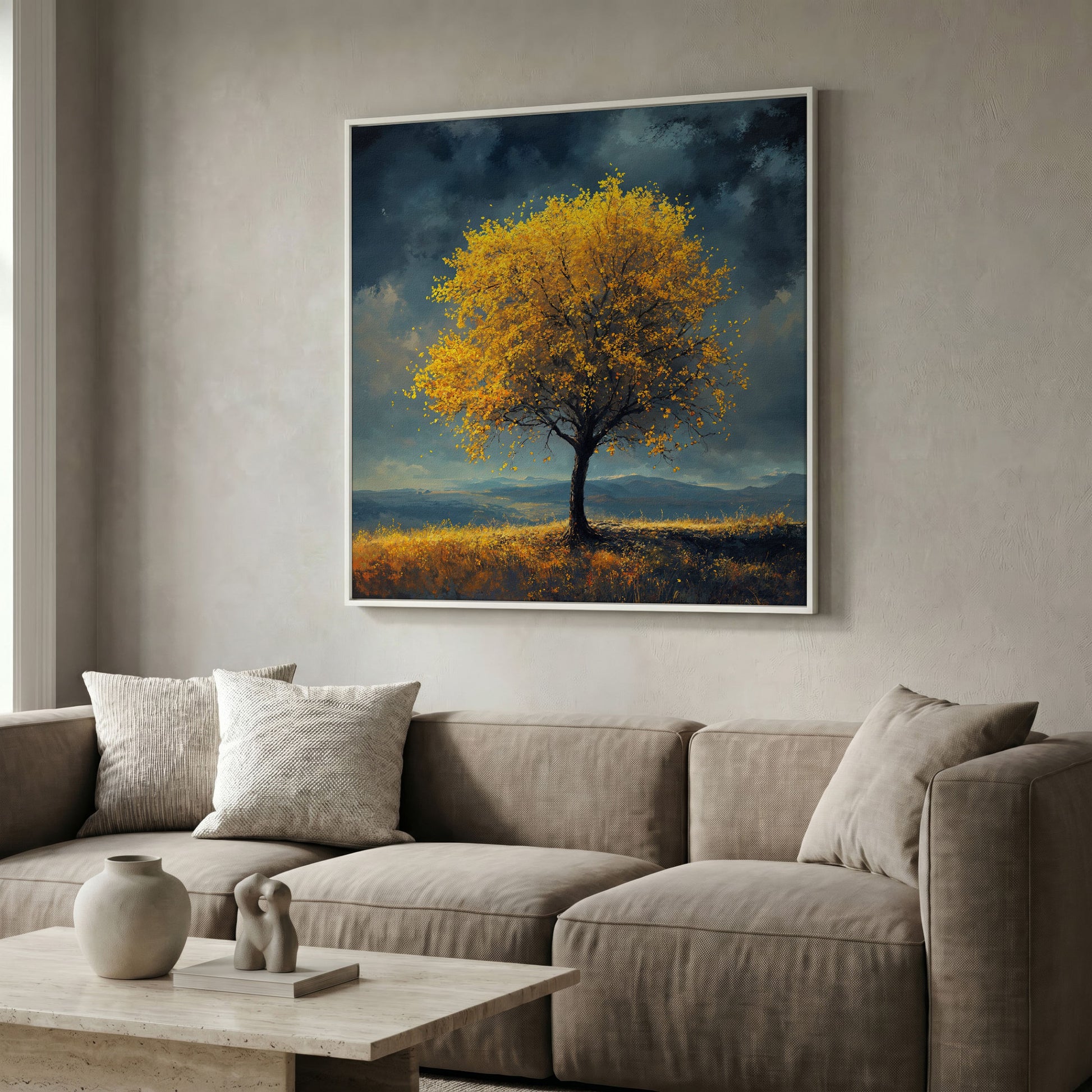 Autumn Tree Against Dark Sky Canvas in white floating frame