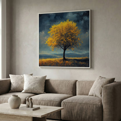 Autumn Tree Against Dark Sky Canvas in white floating frame