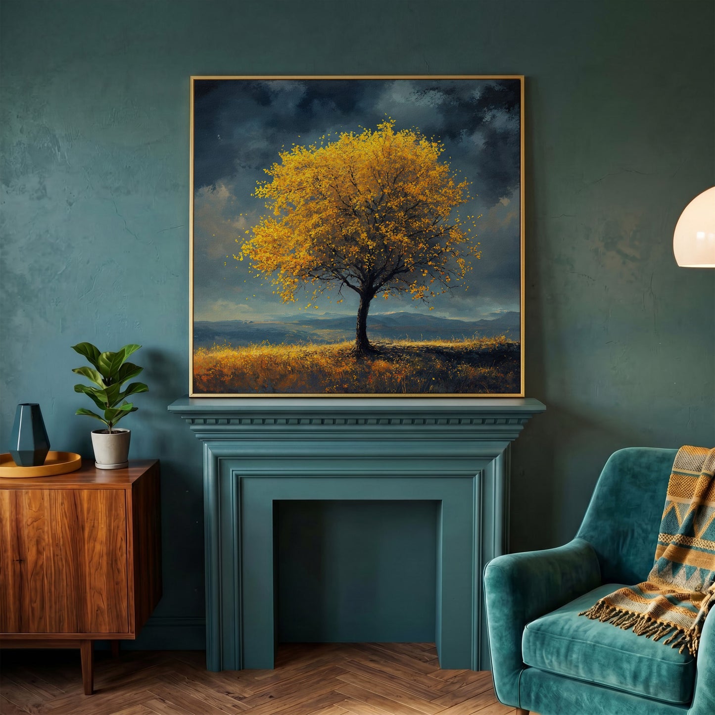 Autumn Tree Against Dark Sky Canvas in yellow gold floating frame
