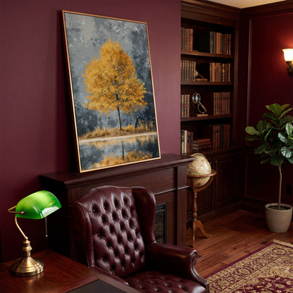 Yellow Leaves Tree Reflected in Still Water Canvas in antique gold floating frame